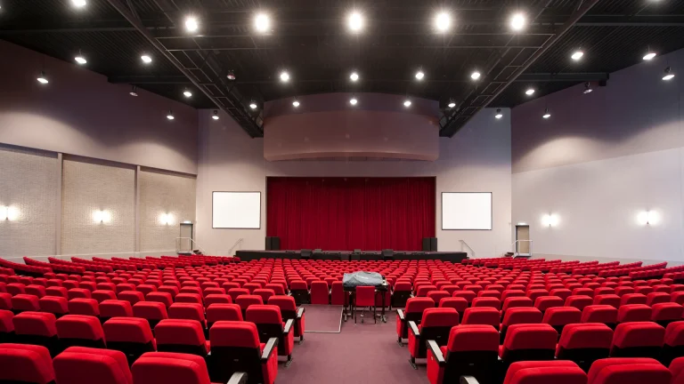 Het auditorium gefotografeerd vanaf middenachter, met zicht op de stoelen en het podium